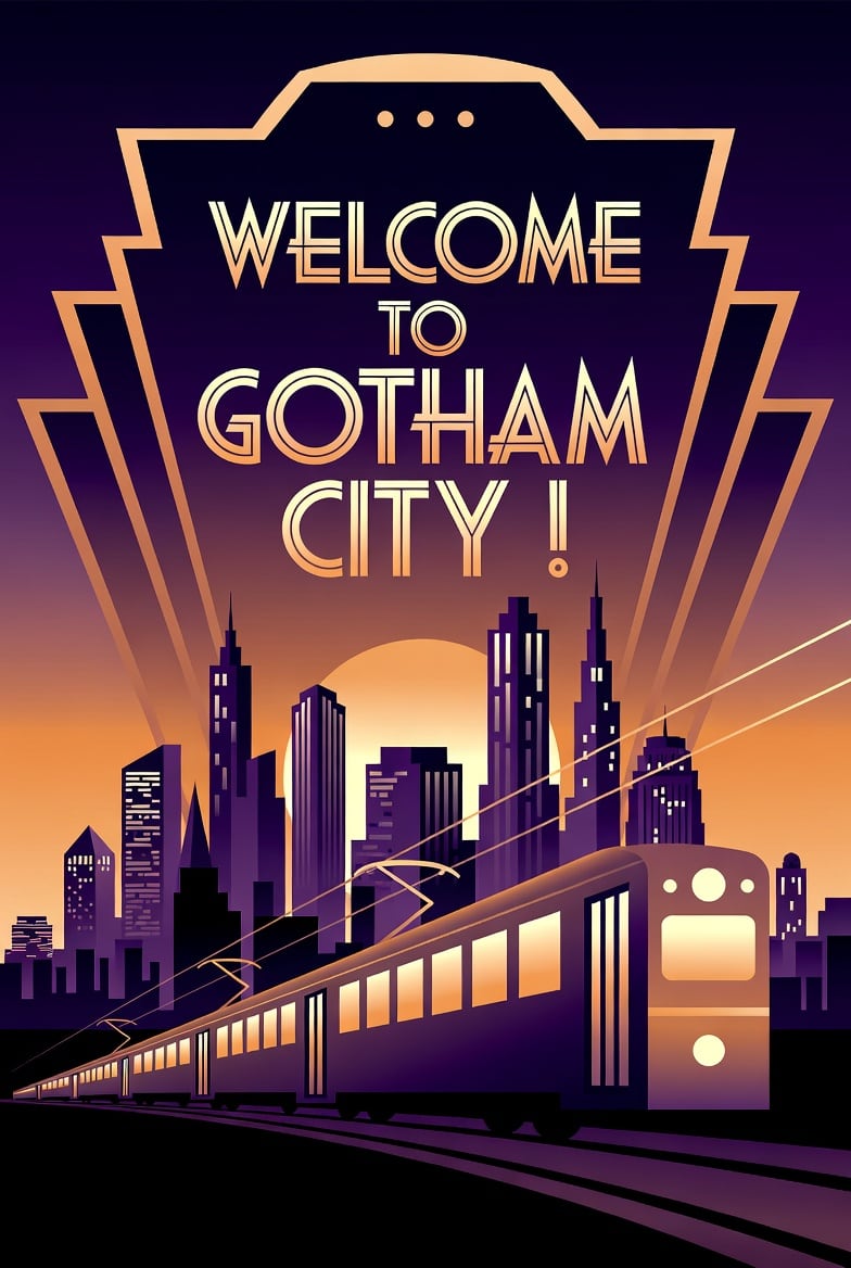 A vintage Art Deco travel poster in a clean flat 2D 1950s-inspired illustration style, showing an elevated tram entering Gotham City at sunset. Use a tall vertical poster composition with...