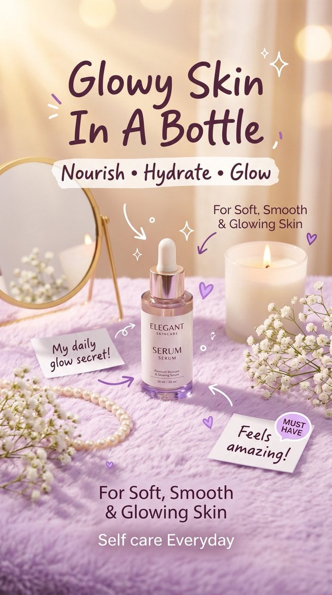 Create a vertical luxury skincare advertisement in a soft feminine pastel aesthetic, styled like a viral Instagram or TikTok beauty promo with no app UI. Show a single glass dropper serum...