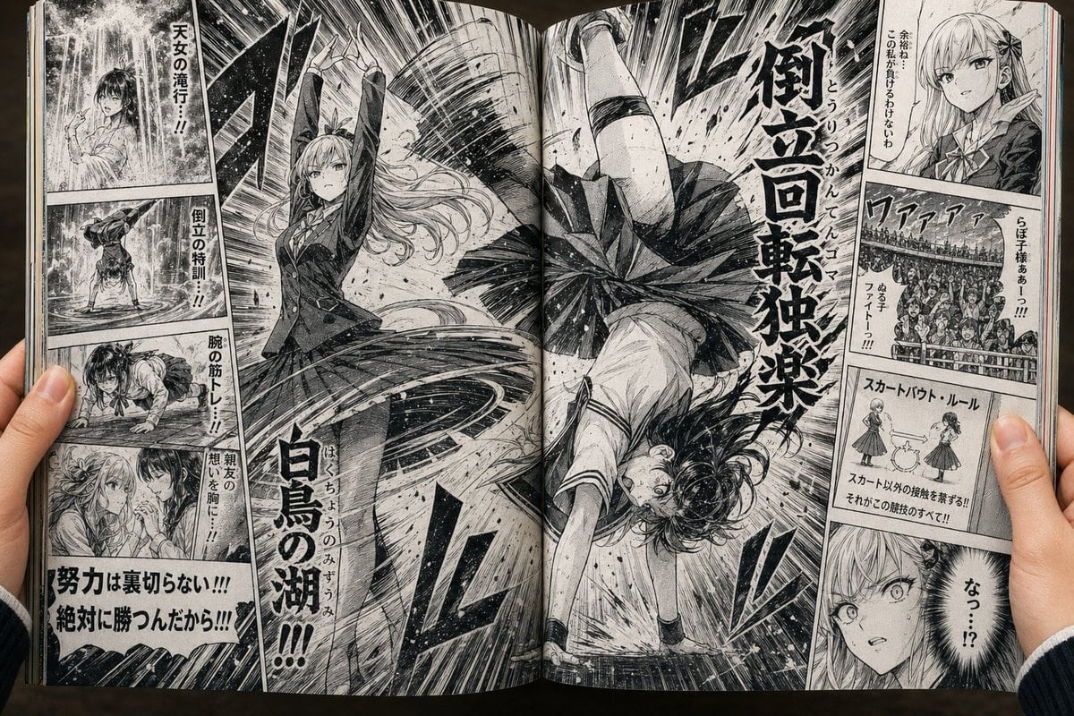 A photorealistic overhead view of an open Japanese manga magazine held in two human hands at the lower left and lower right corners, shown as a dramatic two-page black-and-white comic spr...
