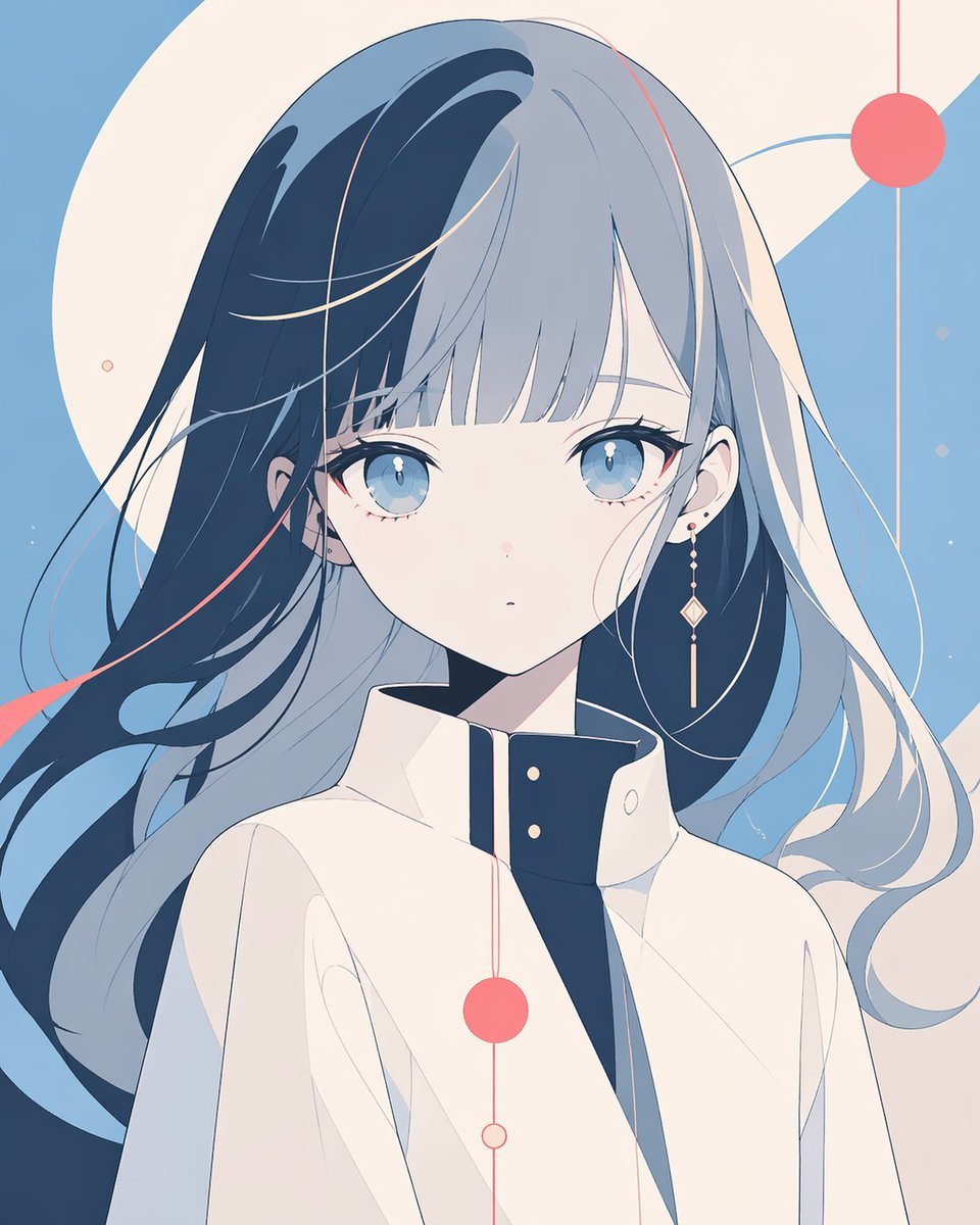 A clean minimalist anime portrait of a young woman from the chest up, centered in frame, with her face fully obscured by a large vertical soft-edged gray rectangle covering the entire fac...