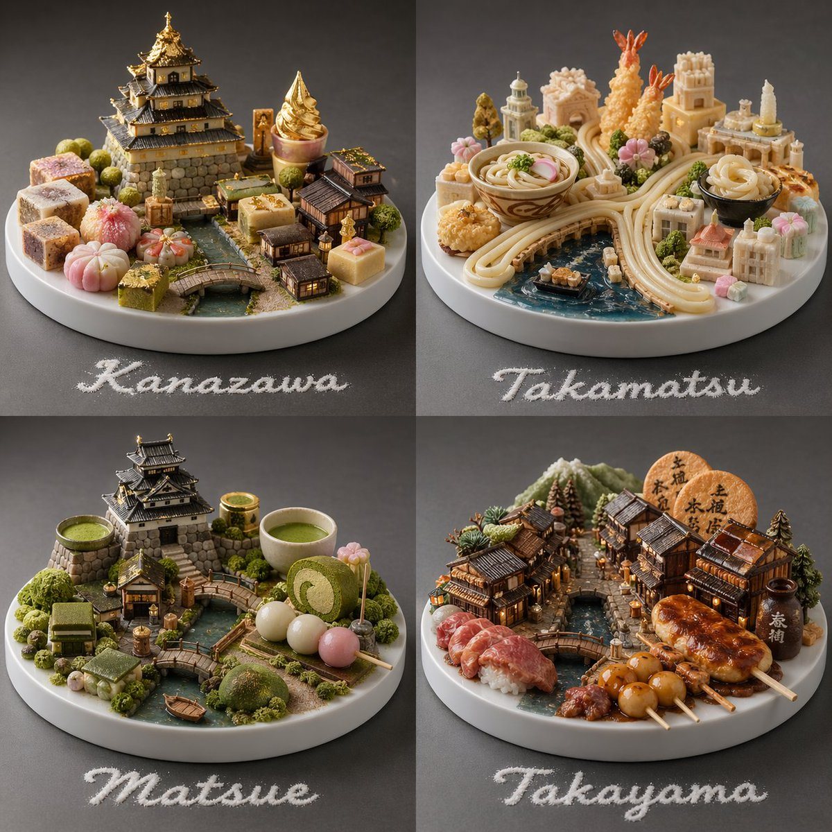 Do this for Japan Input: country analyze the country, its food, its lesser known cities, pick 4 lesser known cities. A 2x2 grid of 4 famous food or deseerts for this country as functionin...