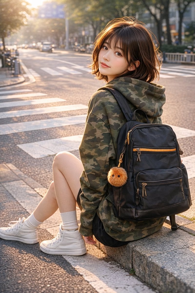 A highly detailed complex prompt testing spatial accuracy and descriptive adherence, featuring a young woman in a 'looking back' pose within an urban setting.