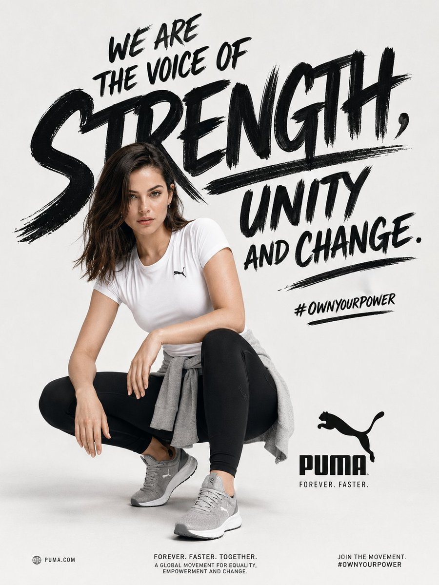 This prompt generates a polished vertical sportswear advertisement featuring a crouching female athlete and bold activist brush lettering for global brand campaign visuals.