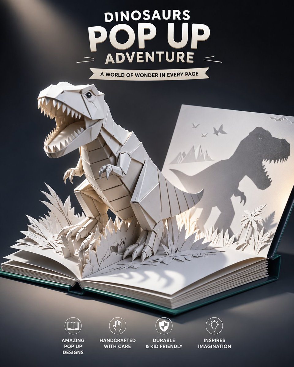 This prompt generates a cinematic children's advertisement image of a paper T-rex bursting from a pop-up book, ideal for toy, book, or educational product marketing.
