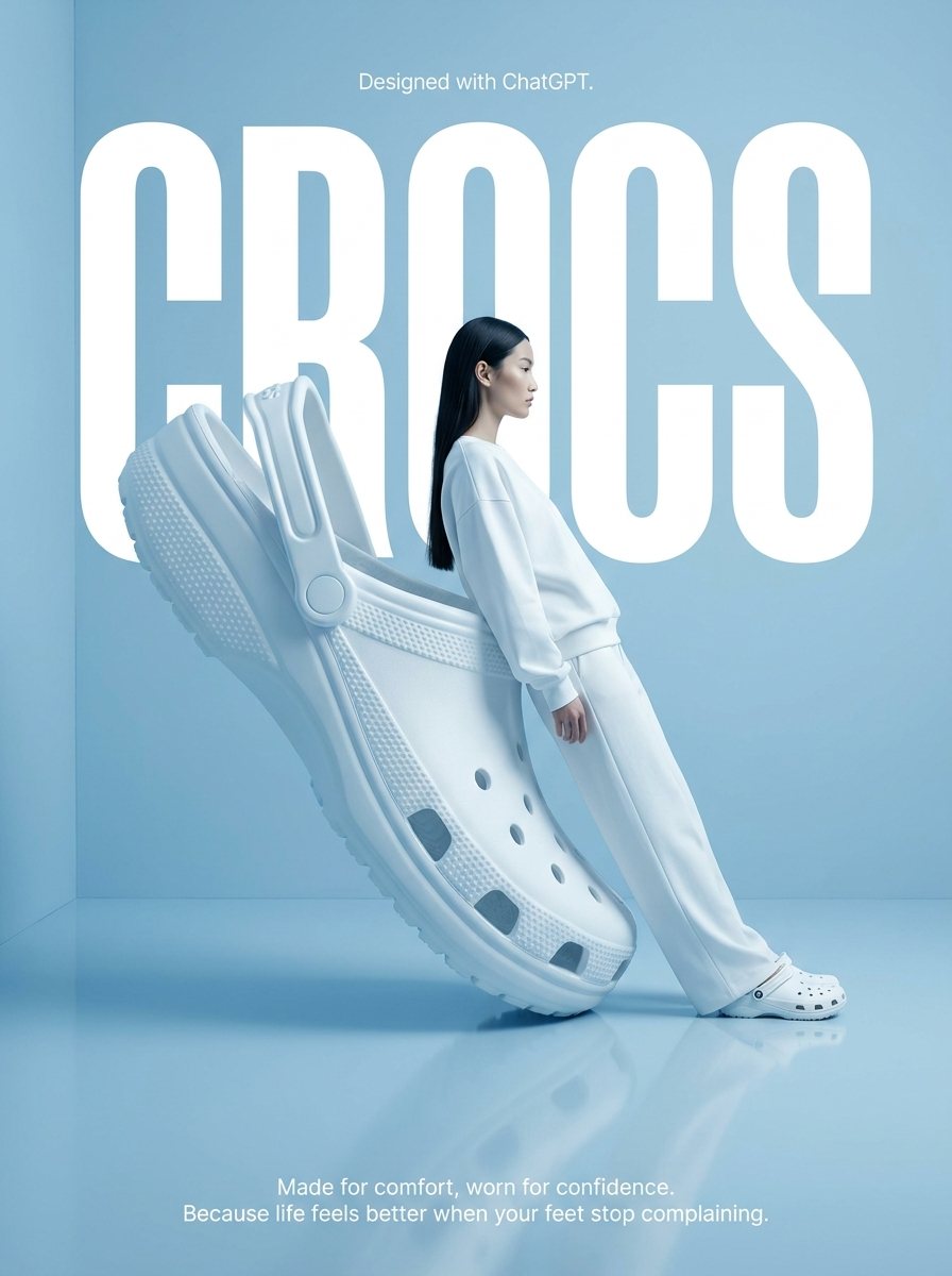 A high-fashion surrealist advertising poster for Crocs. Giant white Croc clog as backrest, fashion model in all-white leaning against it. Minimalist light blue studio, semi-reflective flo...