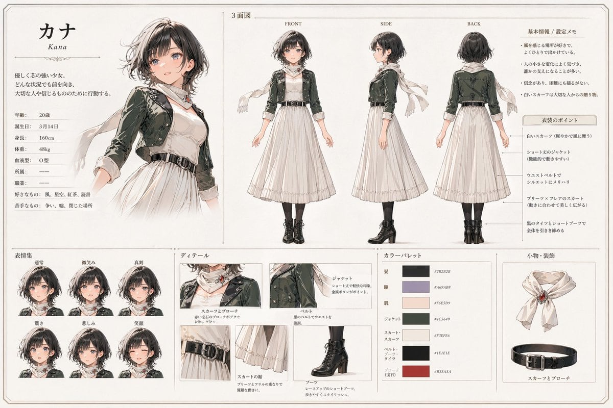 Ready-to-edit anime character reference sheet image prompt.