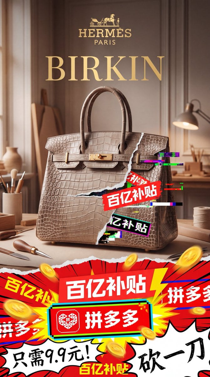 A vertical 9:16 luxury-fashion parody advertising poster with a single centered handbag as the hero product, designed as a brutal collision between ultra-premium maison branding and chaot...