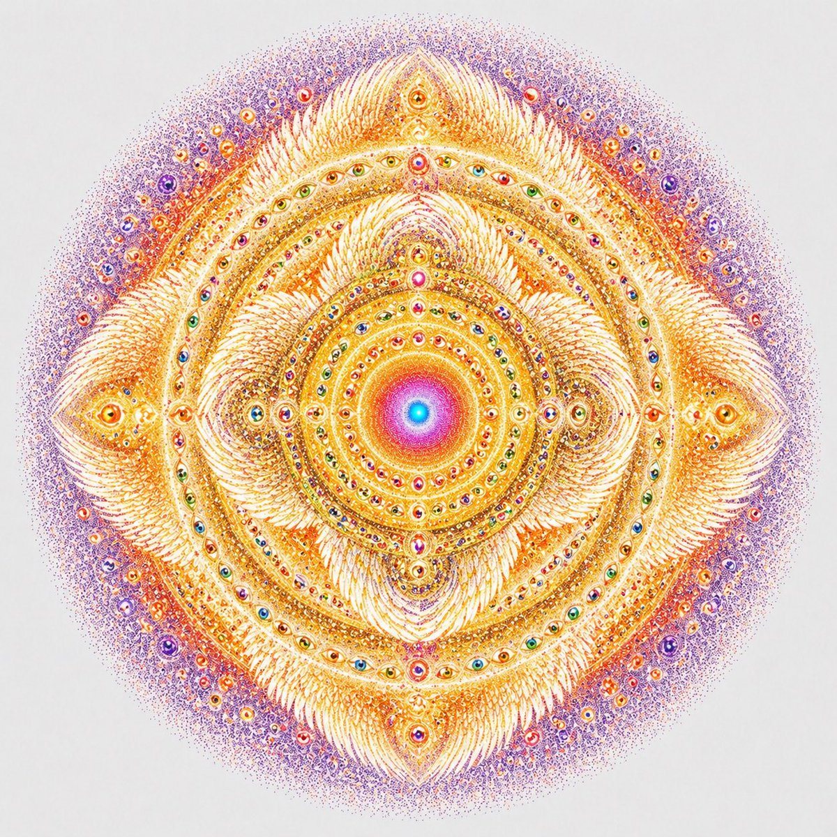 This prompt generates a highly detailed symmetrical sacred-geometry mandala filled with eye motifs and radiant pointillist ornament, ideal for mystical art prints or meditation-themed visuals.