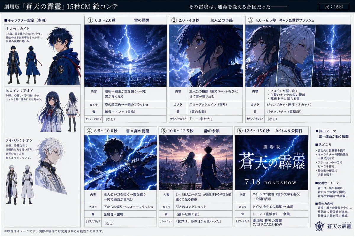 生成一份精致的 15 秒日本动画电影商业广告项目，包含角色参考、六个分镜画面以及用于提案或视觉规划的制作备注。