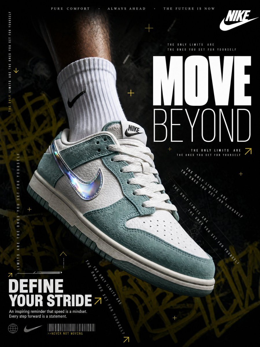 A hyperrealistic Nike sneaker advertisement shot in a dark, moody editorial style. A male leg wearing crisp white athletic crew socks with subtle Nike logo detail is suspended mid-air aga...