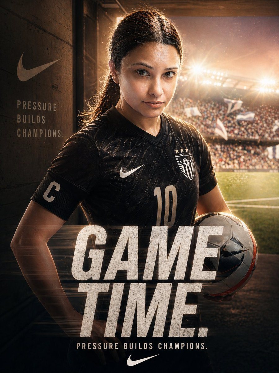 A prompt designed to transform a portrait into a cinematic, motivational soccer-themed poster with professional lighting and stadium atmosphere.