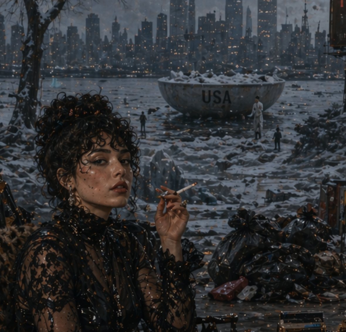 A moody cinematic dystopian winter scene at dusk, viewed from a sheltered riverside foreground toward a dark modern city skyline glowing with hundreds of tiny warm window lights. In the l...