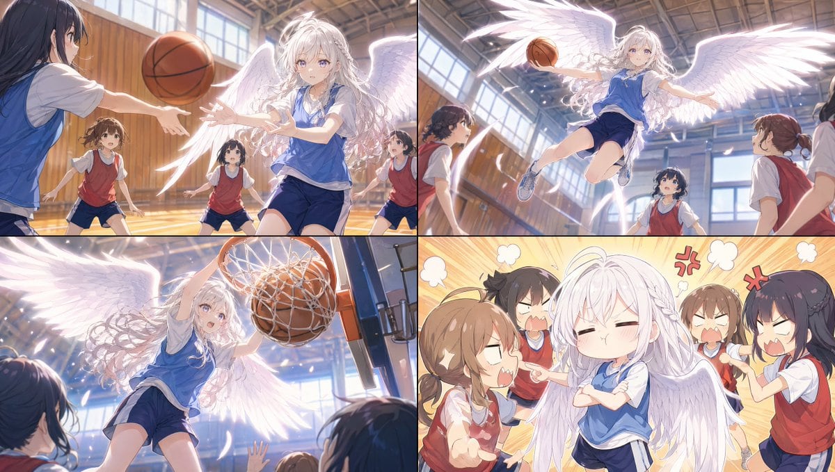 一套四格动漫项目，描绘了一位长着翅膀的女学生在篮球比赛中大显身手，适用于概念艺术、场景规划或视频生成关键帧。
