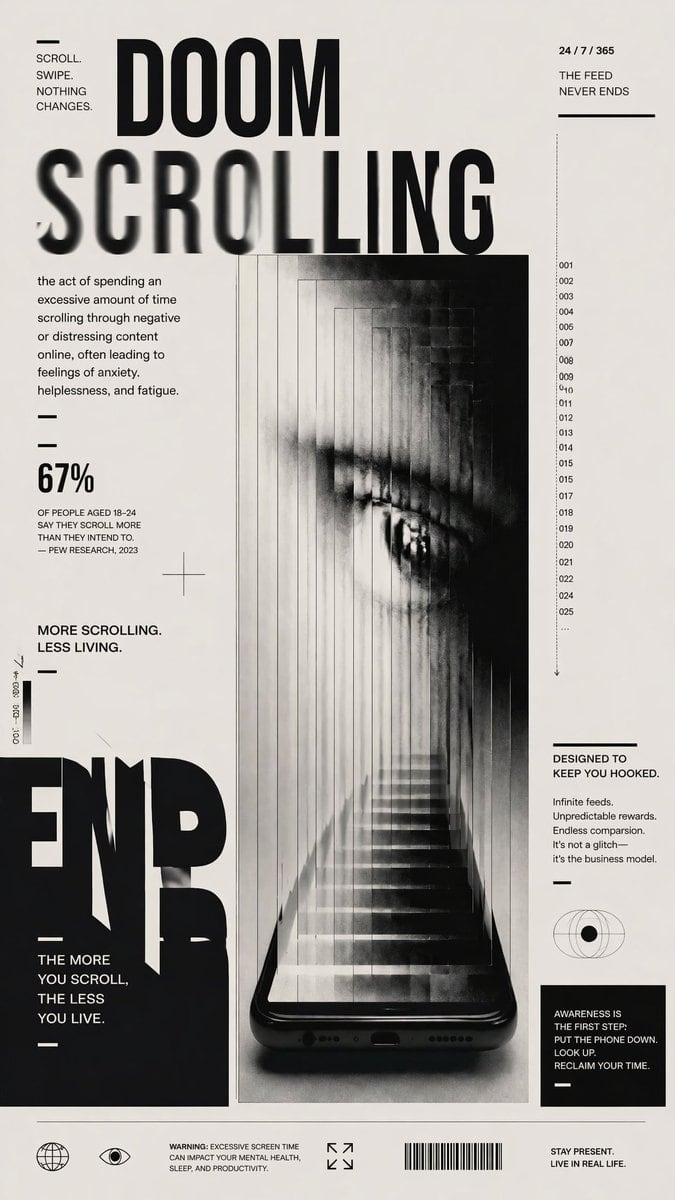 A stark black-and-white editorial anti-tech poster on an off-white background, designed like a modern brutalist magazine cover about digital addiction. The composition is vertical and hig...