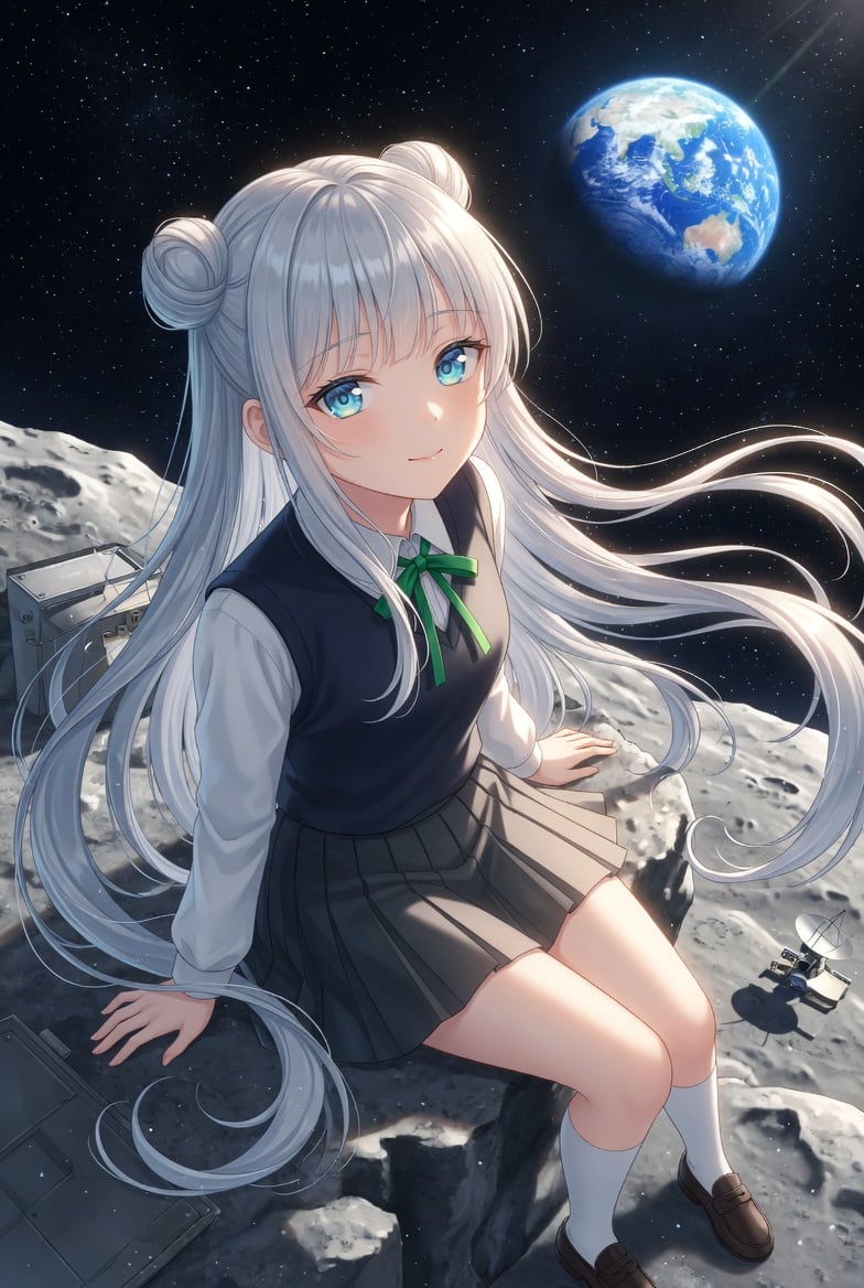 A highly detailed anime illustration of a teenage schoolgirl sitting on a rocky lunar surface in outer space, viewed from a slightly elevated three-quarter angle. She has very long flowin...