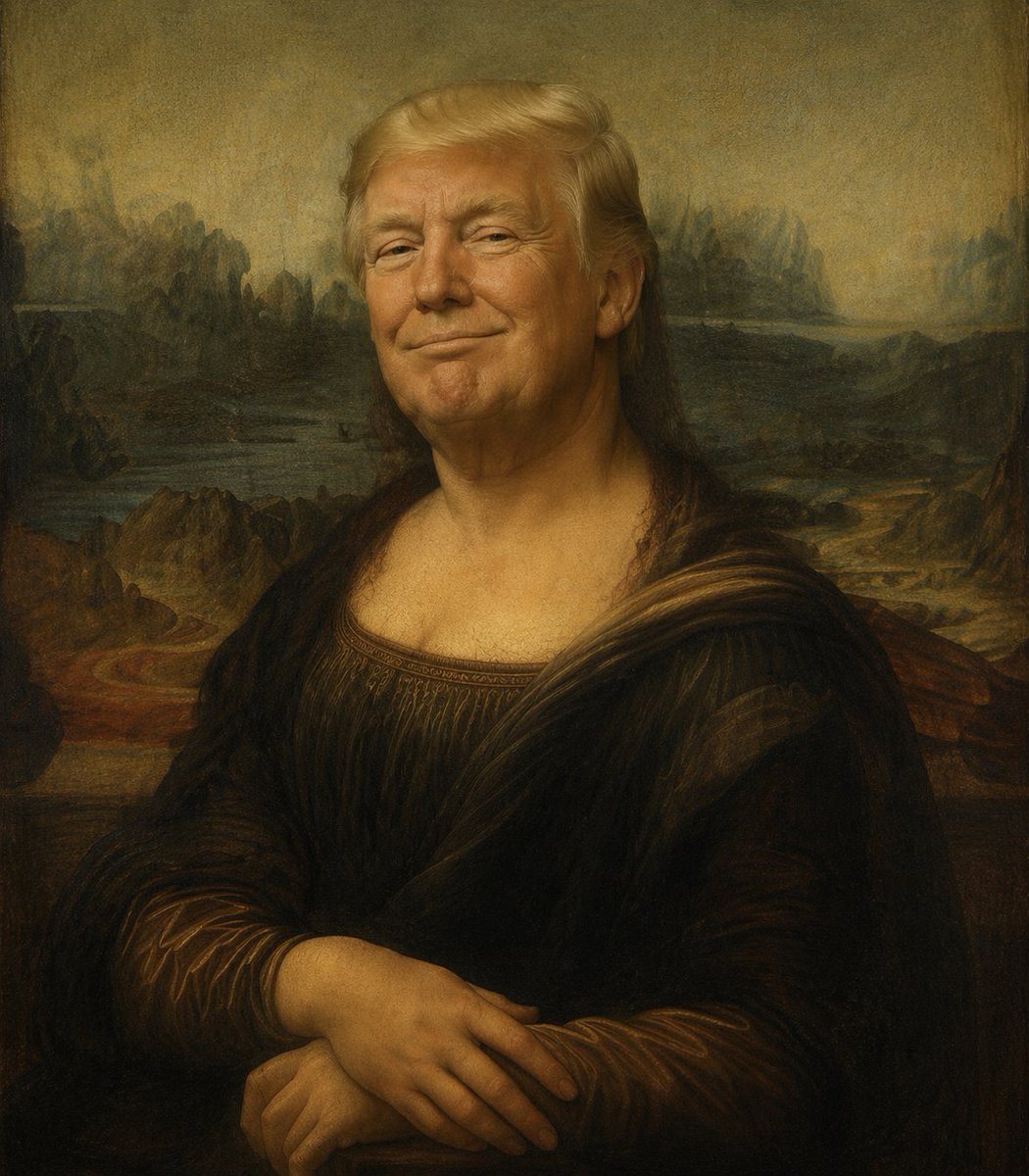 A faithful oil-painting parody of the Mona Lisa in the style of a High Renaissance museum masterpiece, waist-up seated portrait with folded hands, dark brown dress, translucent veil, soft...
