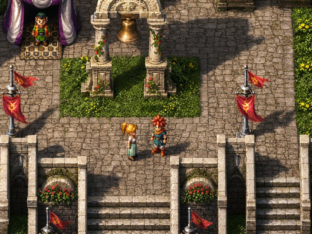 A richly detailed classic JRPG-style isometric town scene inspired by late-1990s fantasy role-playing games, shown from a high three-quarter top-down angle like a pre-rendered game backgr...
