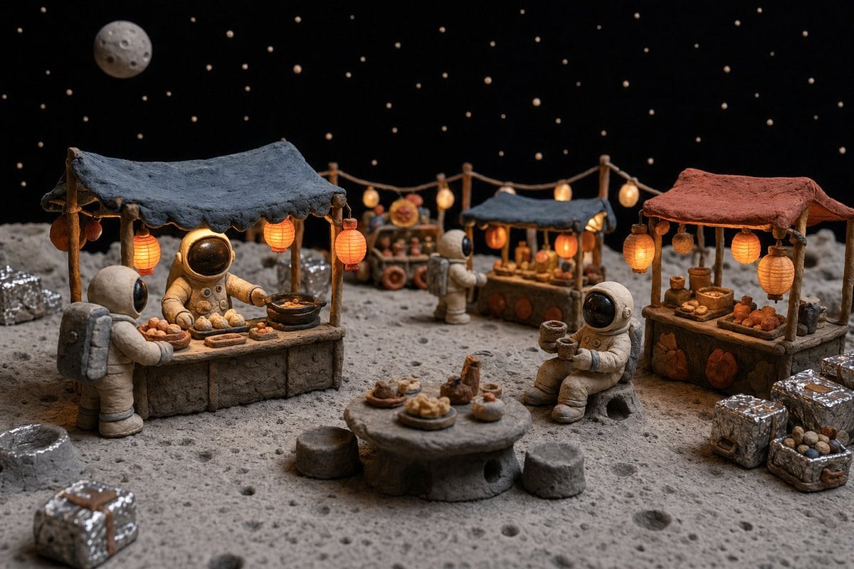 A whimsical handcrafted clay diorama of a night market on the moon, photographed like a miniature cinematic set. The ground is dusty gray lunar soil with small craters and uneven texture,...
