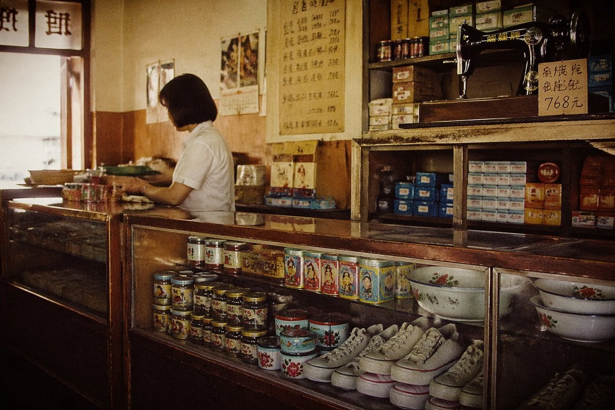 A nostalgic cinematic photograph of a small old-fashioned Chinese general store interior, shot from customer eye level with a slightly wide framing. Warm sepia and amber tones, soft windo...
