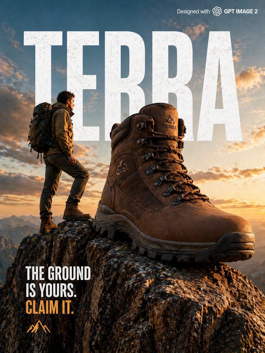 A high-octane 8k advertisement prompt for a boots brand, featuring a male model on a cliff and oversized product placement.