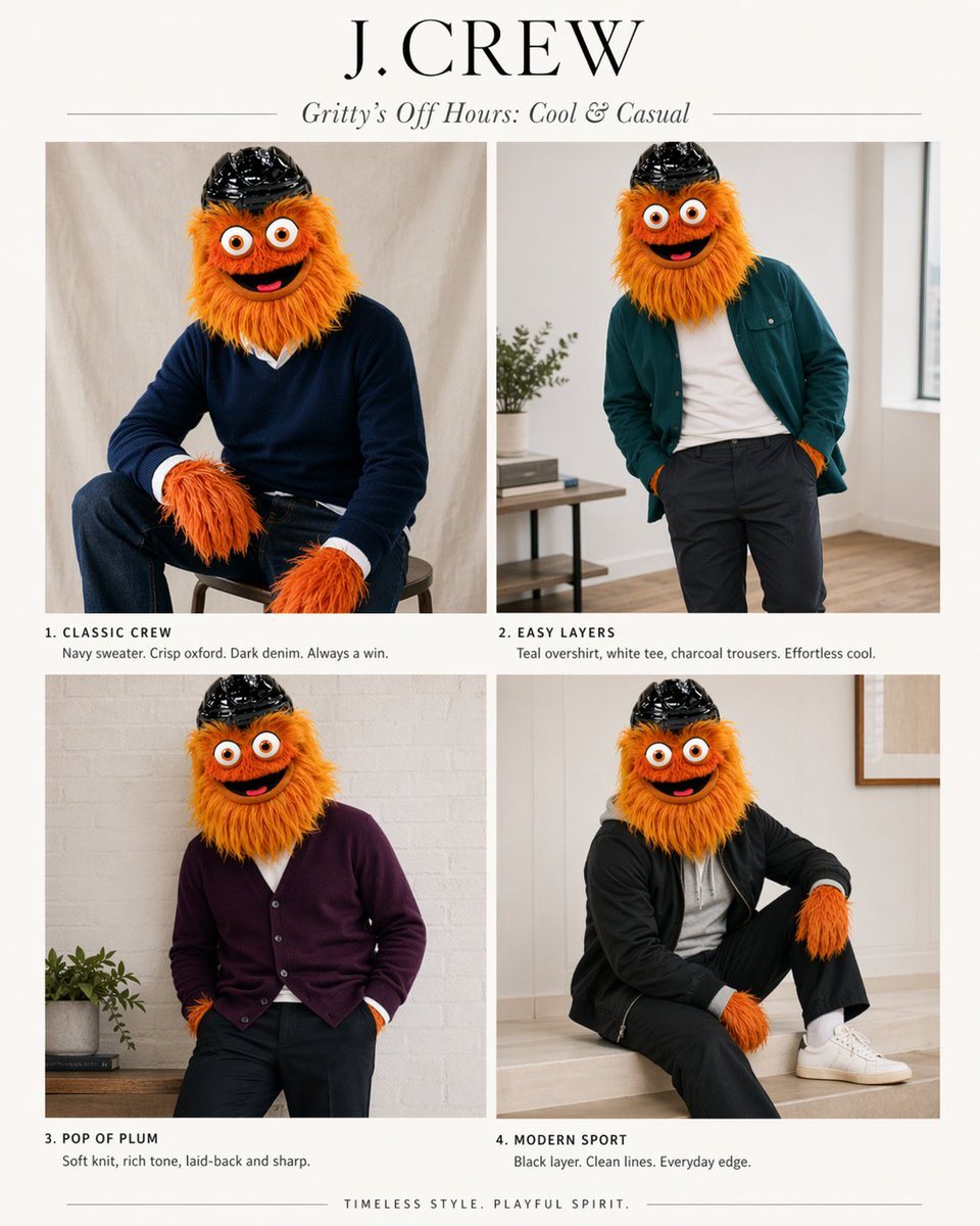 Using the provided reference image as the character and color-palette guide, transform it into a polished J.Crew-style editorial fashion lookbook starring the same mascot. Replace the inf...