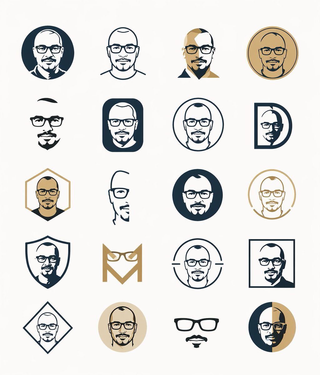 一份简洁的矢量设计图，展示了 20 种男性头像和眼镜 Logo 图标变体，适用于品牌探索或身份识别概念项目。