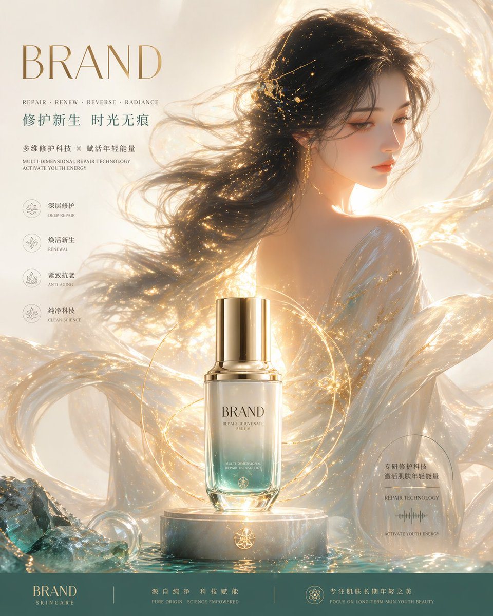 一份极其详尽的专业提示词，用于高端奢华护肤品广告，融合了东方美学与高科技感。