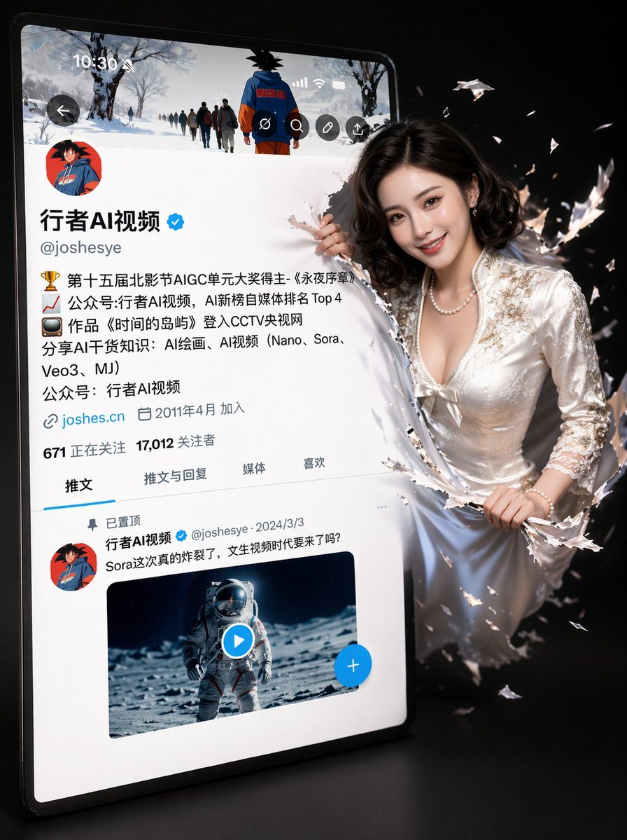 一个复杂的提示词，用于生成角色从社交媒体个人资料界面破屏而出的 3D 效果，同时保留特定的 UI 细节和角色特征。