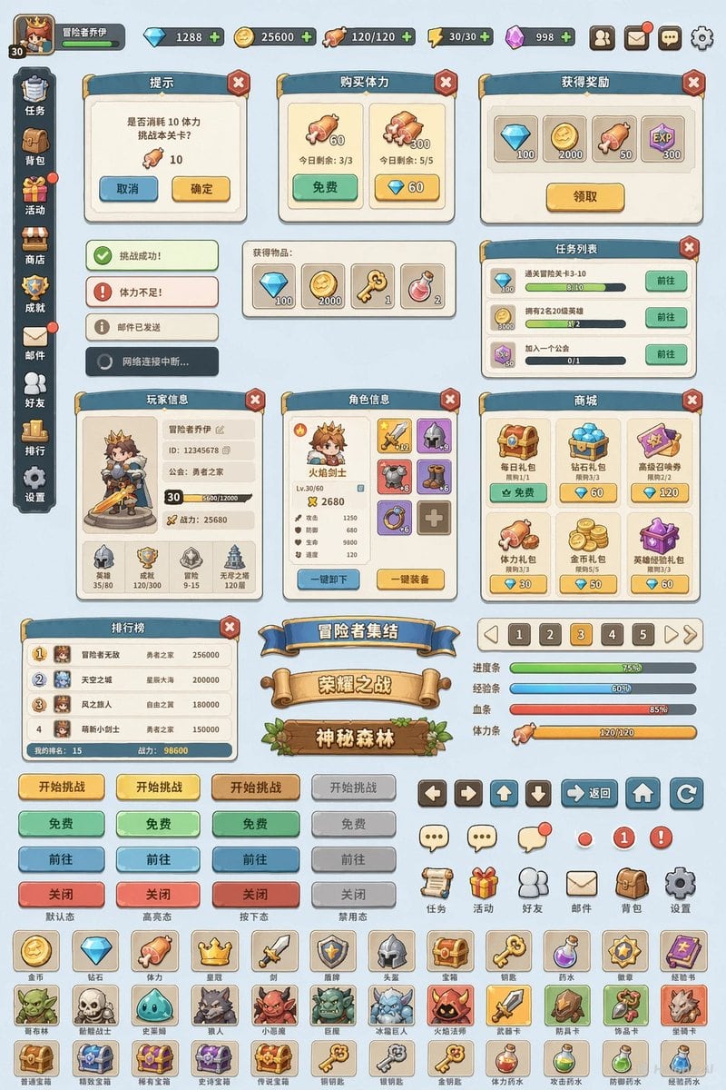 A functional prompt to deconstruct a single game interface image into a complete library of UI components like buttons, panels, and icons on a clean background.