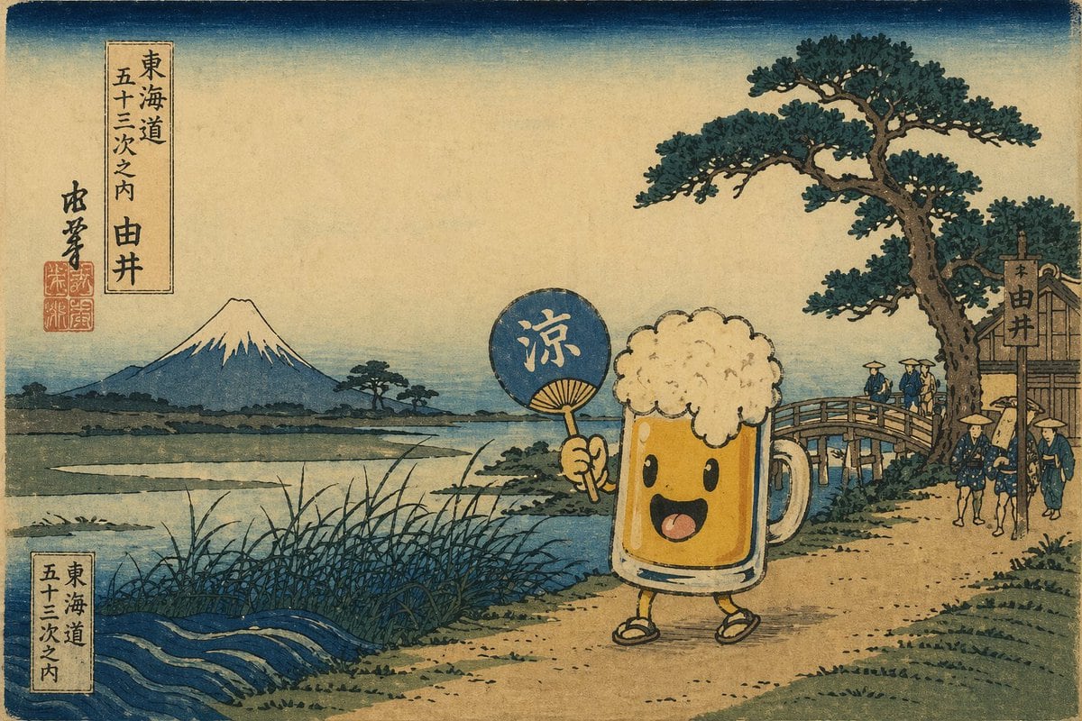 Generates a traditional Japanese woodblock print featuring a customizable mascot character in a classic Mount Fuji landscape.