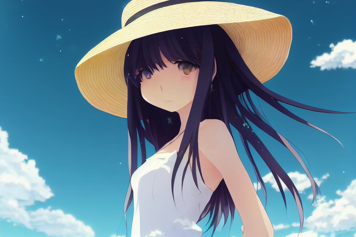 A serene anime-style summer portrait of a young woman standing outdoors under a vivid blue sky with 4 soft white cloud clusters visible near the frame edges and a few tiny sparkling light...