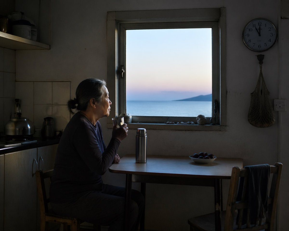 Generates a moody, cinematic photograph of a person sitting in a dark room looking out a window at a scenic view.