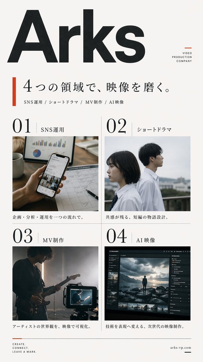 Create a clean, premium Japanese corporate poster for a Arks video production company, in a minimalist editorial layout on an off-white background with lots of negative space. Portrait or...