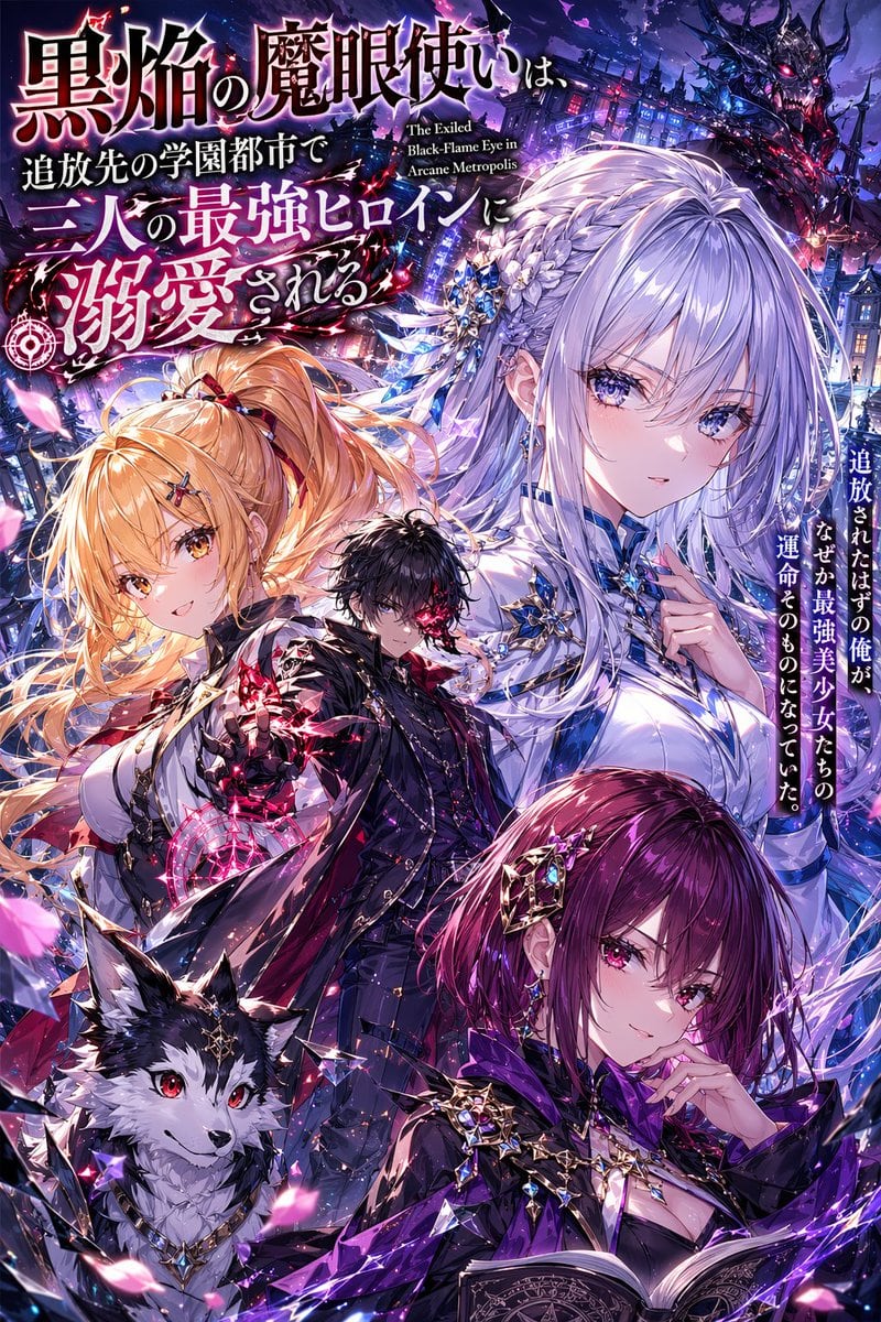 An anime light novel cover. Top left features a stylized Japanese title 黒焔の魔眼使いは、追放先の学園都市で三人の最強ヒロインに溺愛される and English subtitle The Exiled Black-Flame Eye in Arcane Metropolis. A vertical...