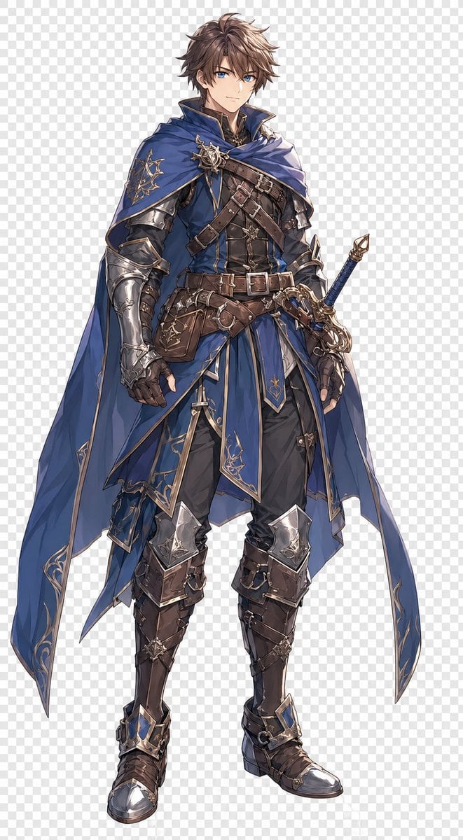 This prompt generates a full-body anime-style male fantasy knight character cutout, useful for JRPG concept art, character sheets, and polished standalone hero illustrations.