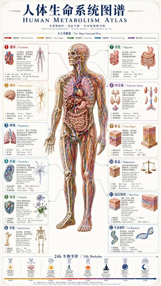 A dense bilingual anatomy infographic poster showing a central human body with 12 labeled life-system panels and a 24-hour biorhythm timeline, ideal for educational or editorial medical visuals.