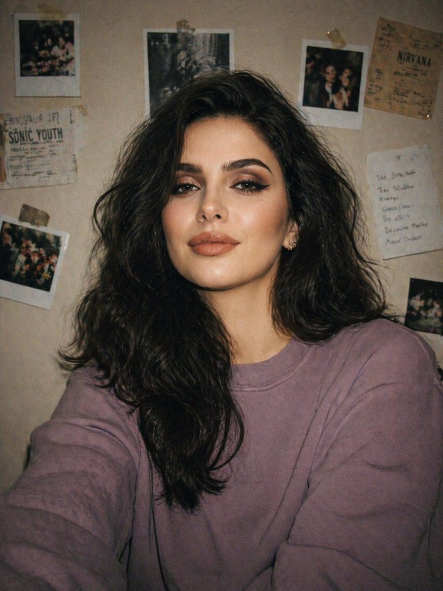 A close-up candid portrait of a young woman indoors against a muted beige wall, shot in a 1990s disposable camera snapshot style. She has pale skin, a soft understated smirk, and loose bl...