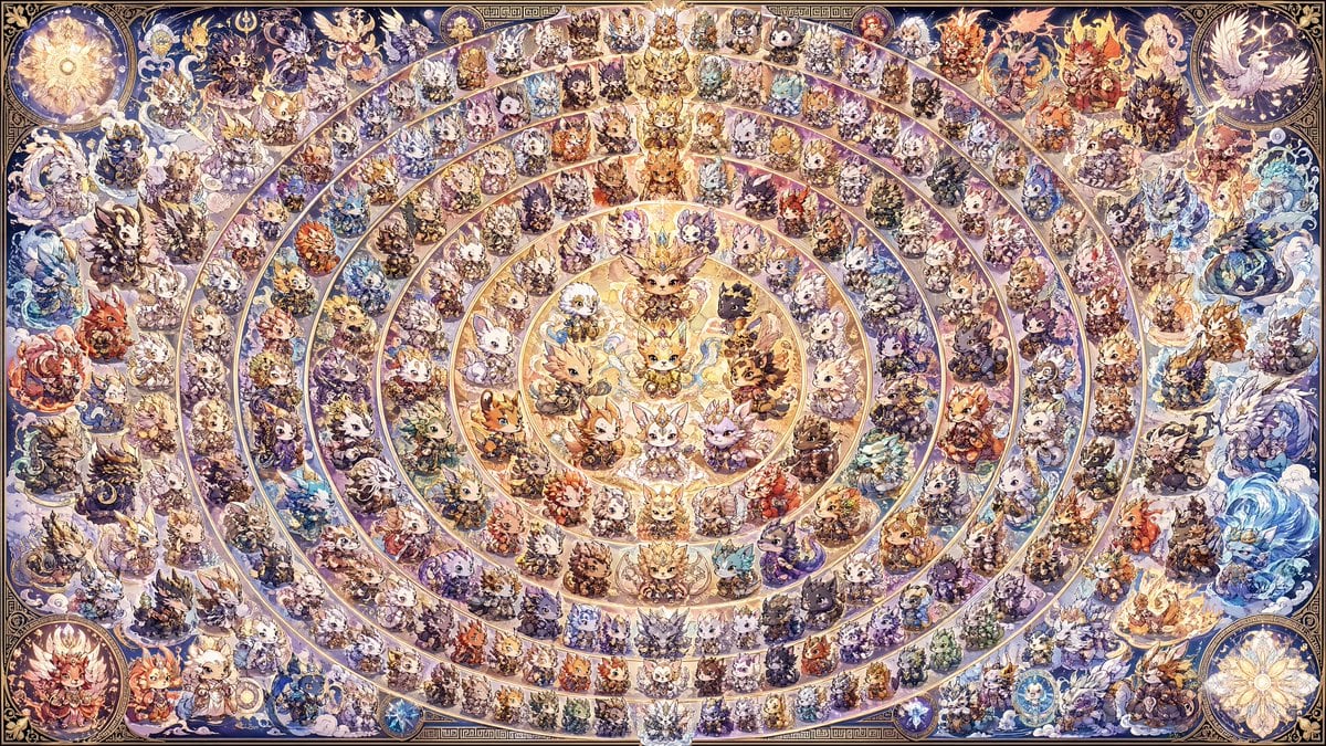 A gigantic ultra-detailed fantasy mandala poster featuring exactly 108 distinct chibi characters arranged in concentric circular rings around a radiant central emblem. The composition is...