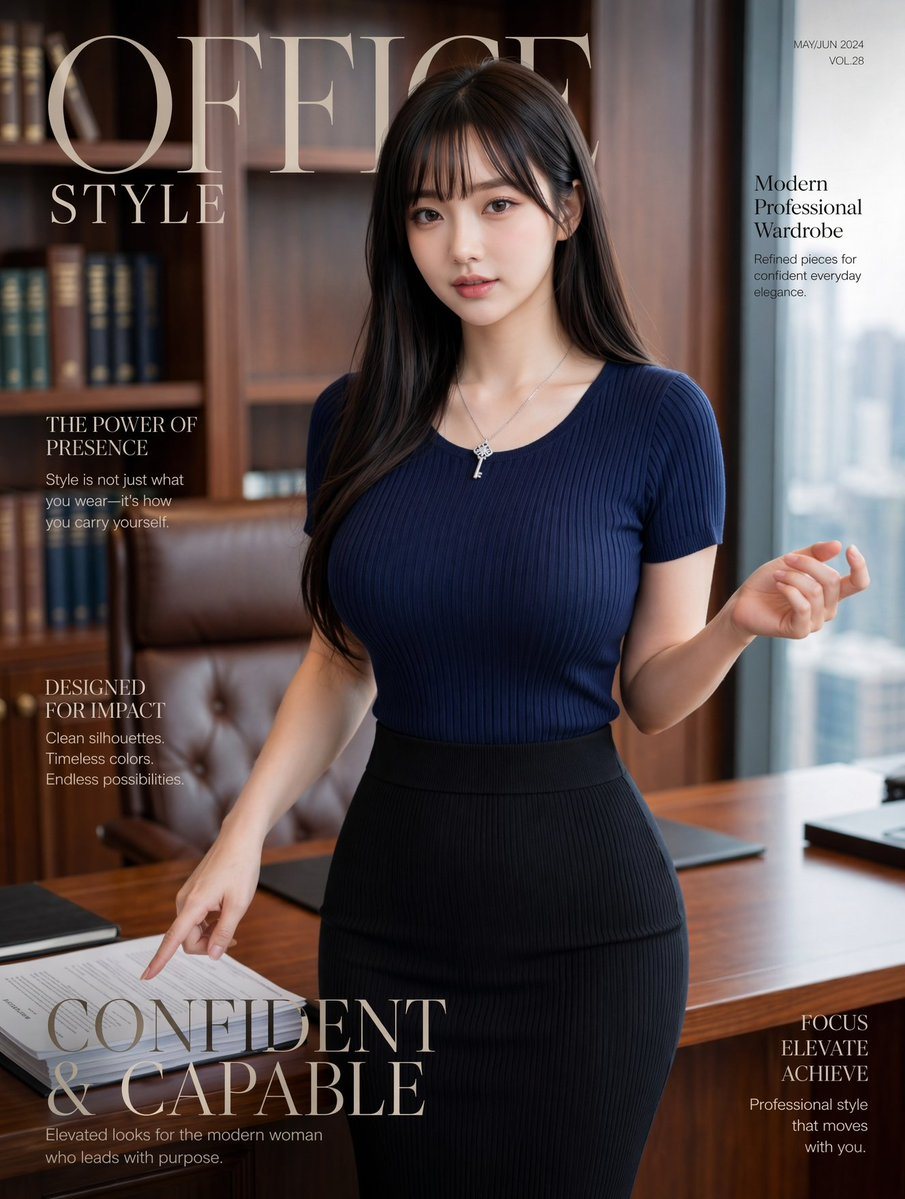 此提示词可生成一张精致的杂志风格封面，展现了一位在奢华办公室环境中充满自信的职业女性形象，非常适合时尚品牌宣传、模拟封面及企业风格营销活动。