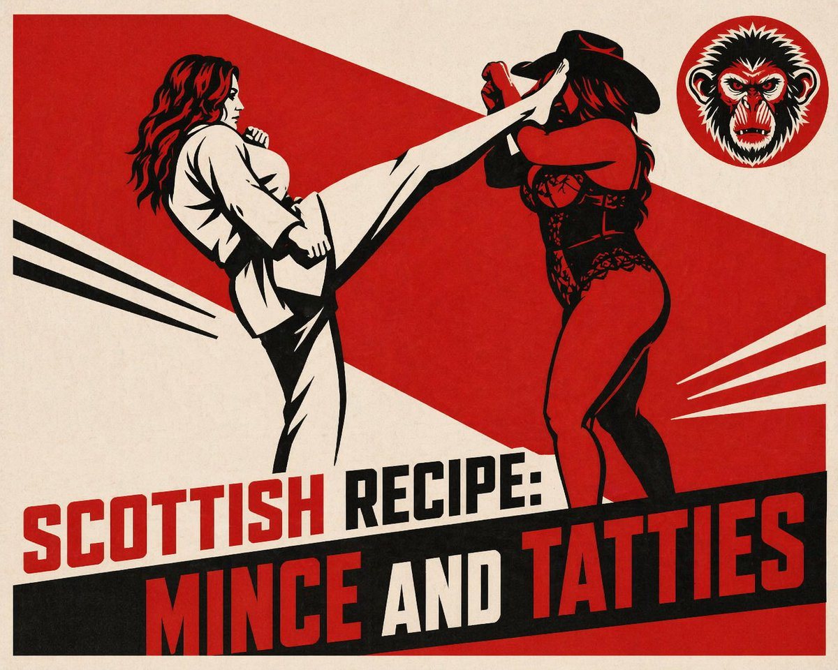 A bold vintage propaganda-style poster with a limited red, black, and cream palette, printed on slightly textured aged paper. The composition shows 2 women in a dramatic action scene acro...