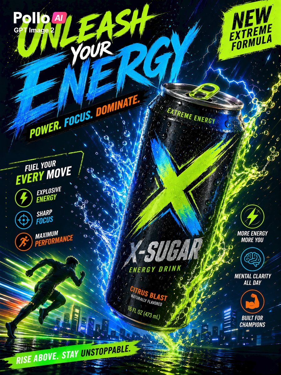 Create a hyper-dynamic commercial poster for a X-SUGAR energy drink, in a high-contrast neon sports-advertising style. Use a vertical poster layout with a dark electric-blue and black bac...