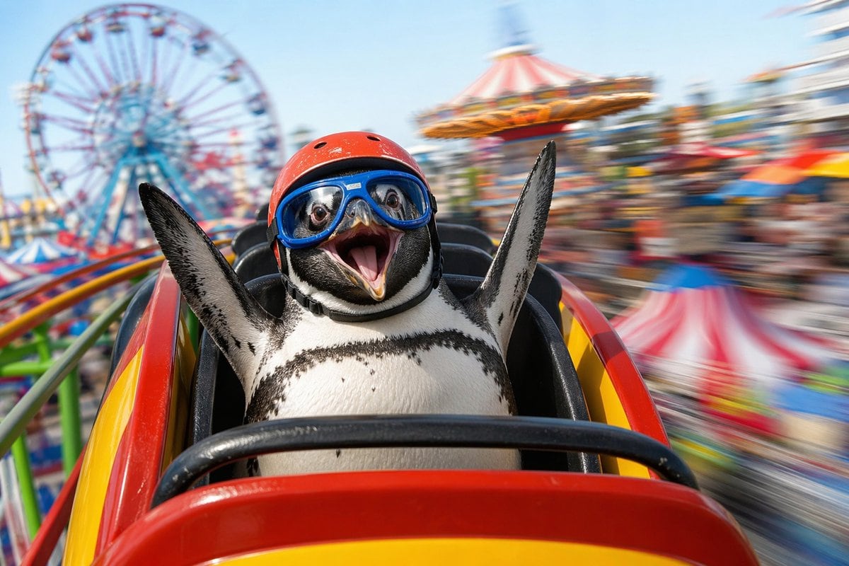A funny, high-energy photorealistic amusement park scene shot from directly behind a penguin riding alone in the front seat of a roller coaster. The animal is centered in the frame with b...