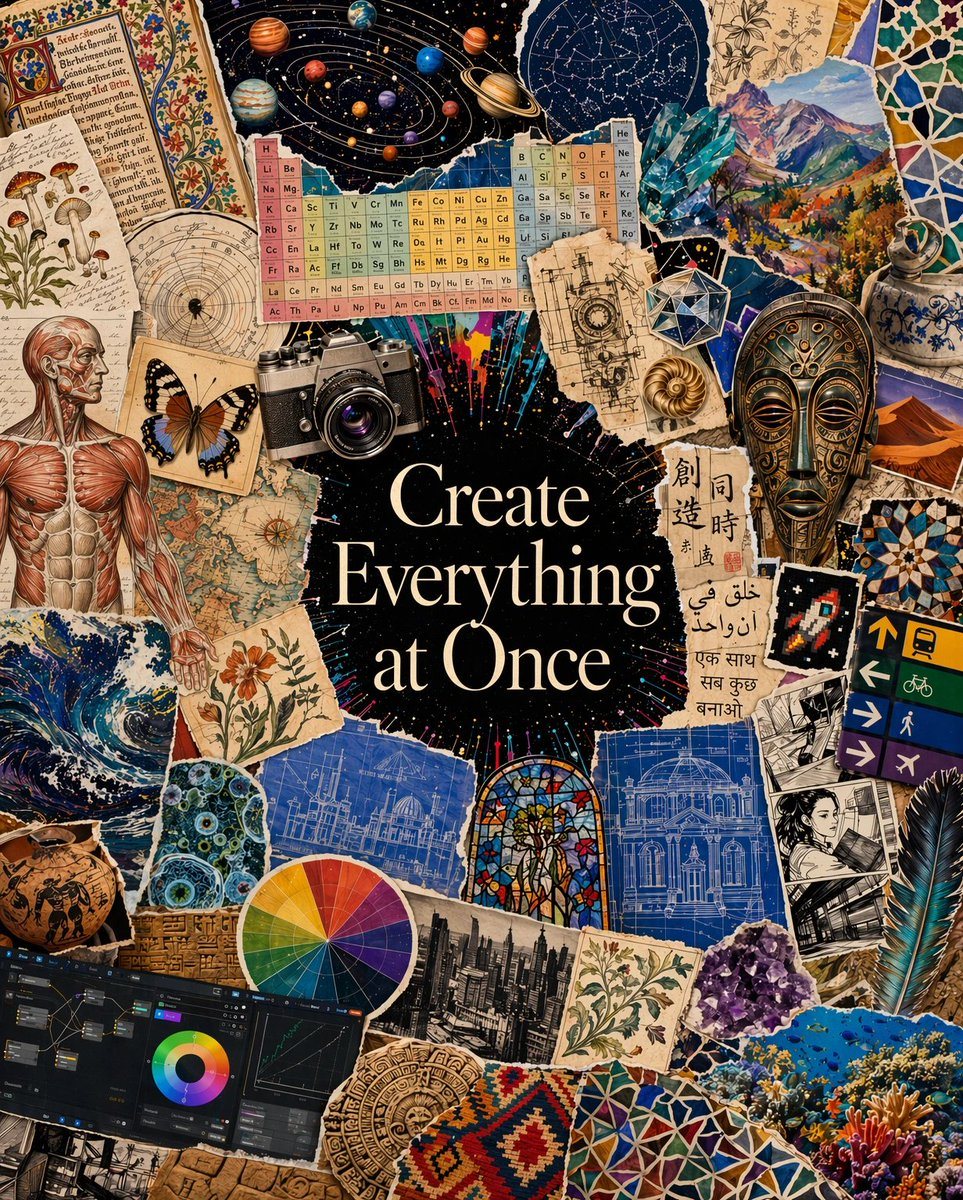 A richly layered maximalist collage poster in portrait orientation, designed as a celebration of art, science, history, and human creativity. At the exact center, place a large irregular...