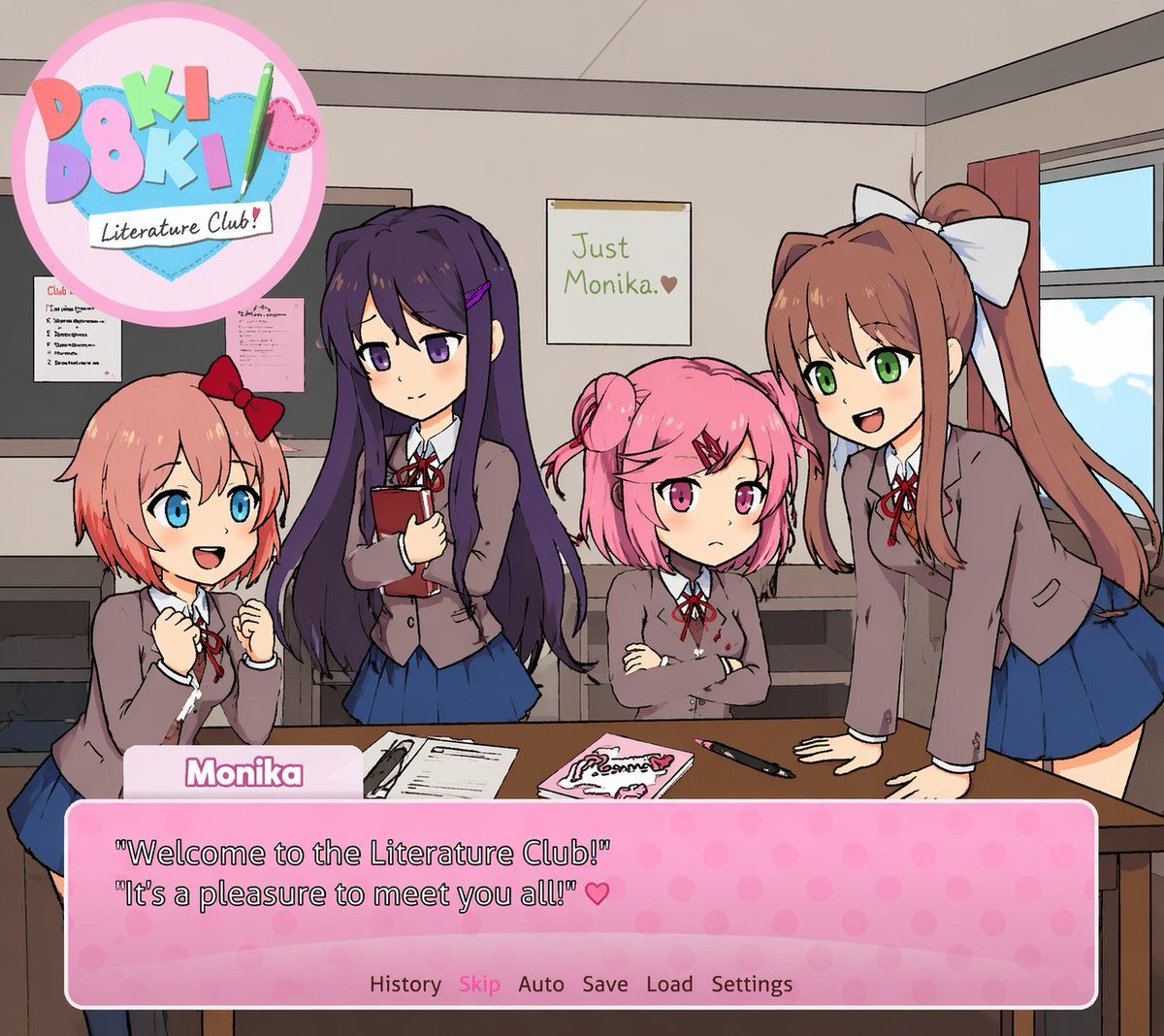 A visual novel screenshot of an anime-style classroom scene featuring exactly four high school girls in matching uniforms consisting of grey blazers, white shirts, red ribbons, and blue s...