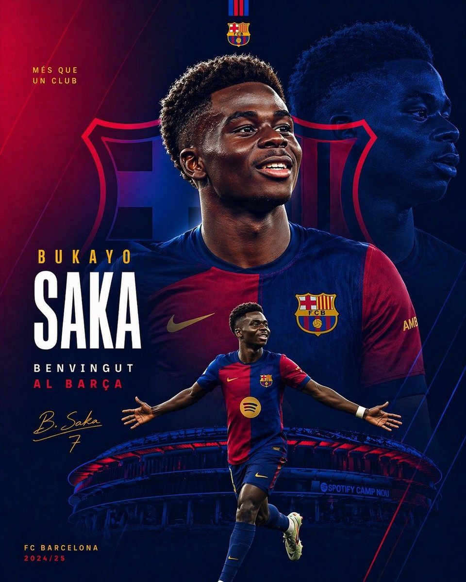 Create a dramatic football transfer announcement poster for Bukayo Saka joining FC Barcelona. Use a vertical 4:5 sports-poster composition with a deep electric blue and crimson red color...