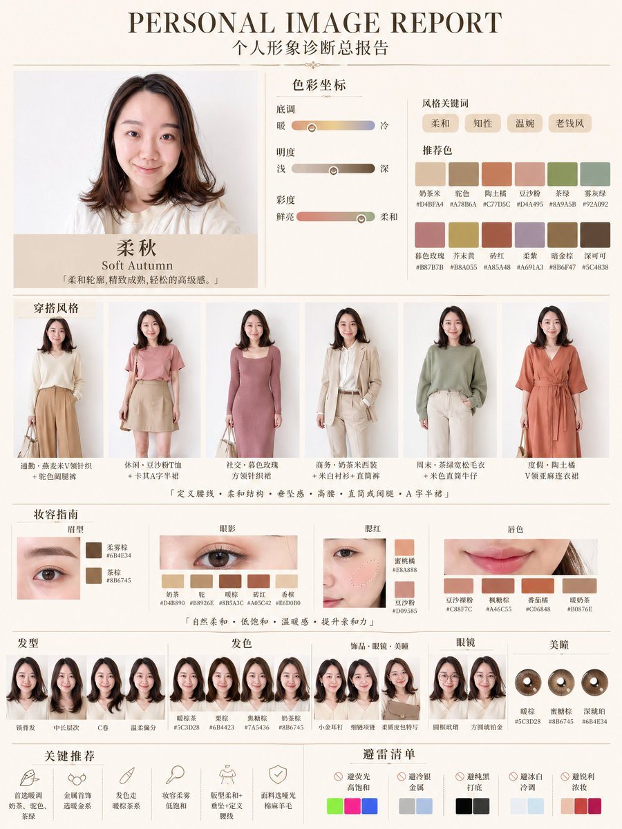 A polished Chinese-style personal color and fashion analysis poster for a beauty or styling app, showing a Soft Autumn diagnosis with outfit, makeup, hair, and palette recommendations.