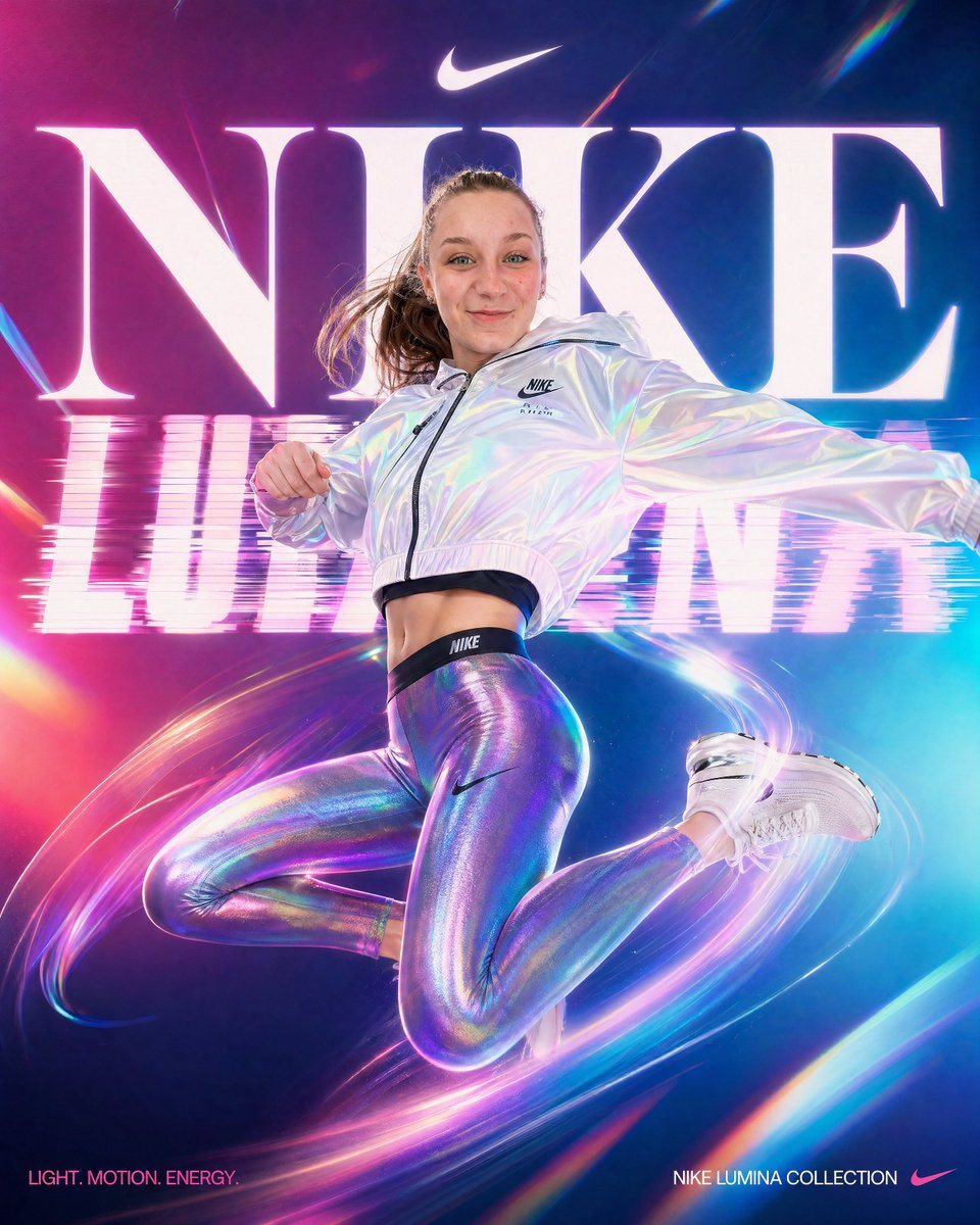 A high-energy vertical Nike fashion campaign poster featuring a single athletic young woman mid-jump against a futuristic neon studio background. She is captured in a dynamic airborne pos...