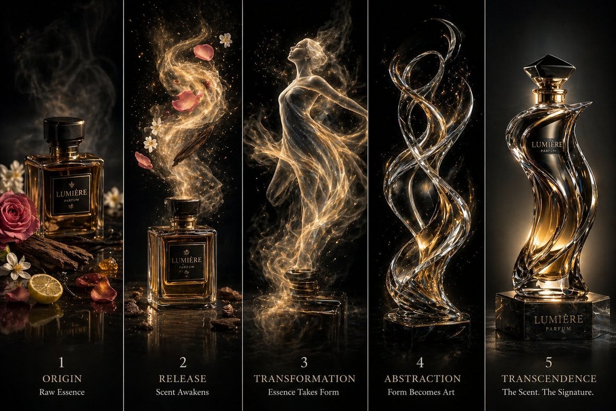 A high-end cinematic transformation artwork displayed in five vertical panels, showing a luxury perfume evolving from raw essence into a sculptural masterpiece, each panel separated by th...