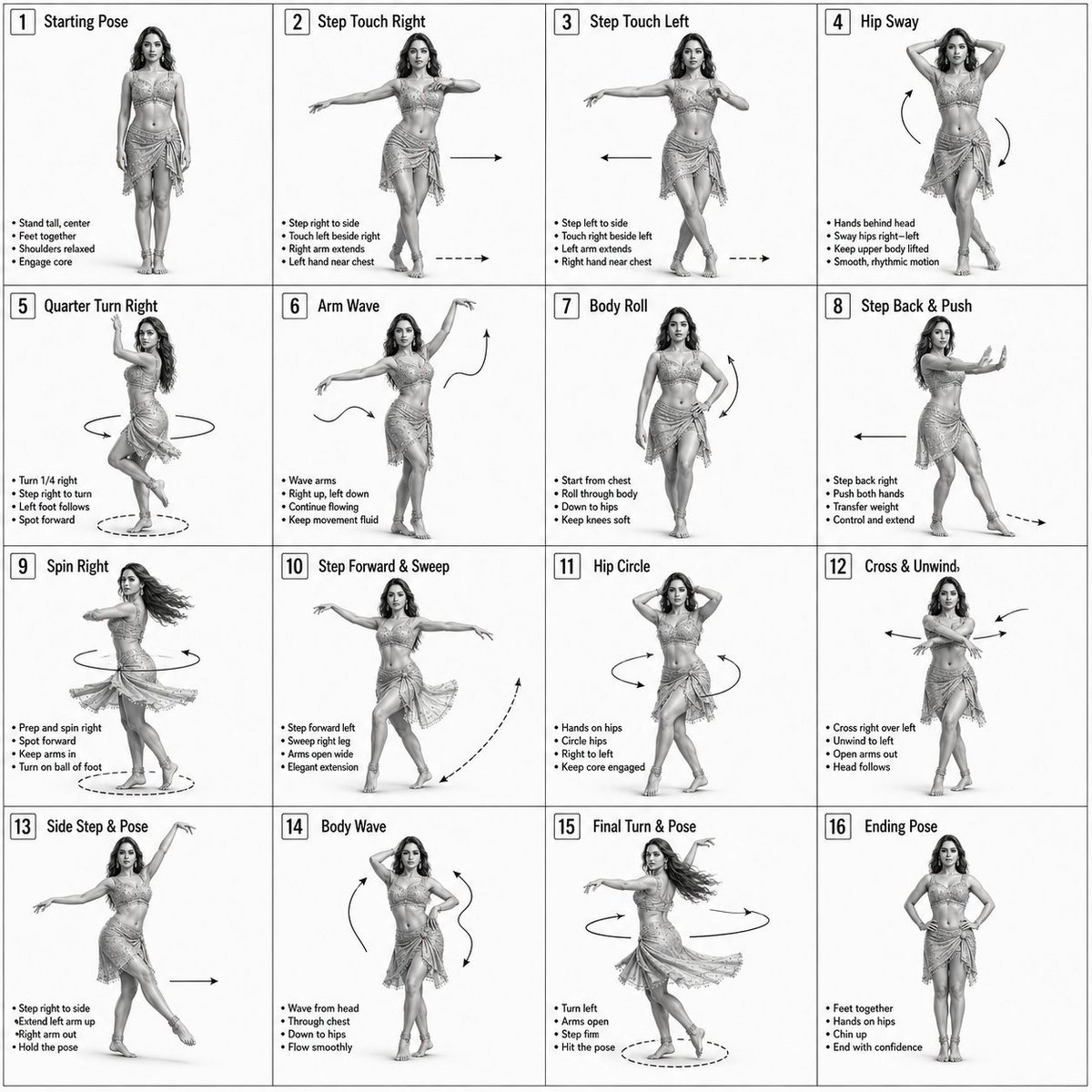 A technical prompt for creating a 3D-rendered dance sequence guide using a reference character for consistent posing across a grid layout.