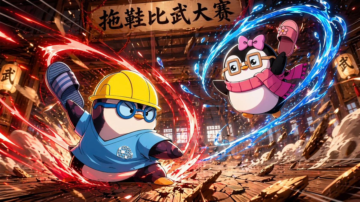 一个充满动感的动漫风格插画提示词，描绘了两只企鹅在传统武道馆中进行武术对决，并带有能量特效。